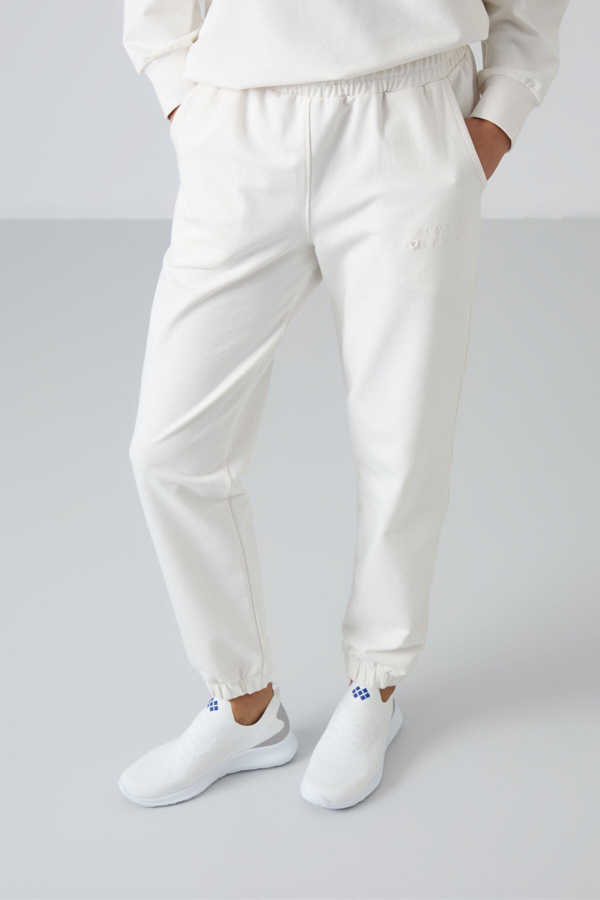 Basic Cotton O-Neck Oversize Elastic Cuffed Women's Tracksuit Set - 95287