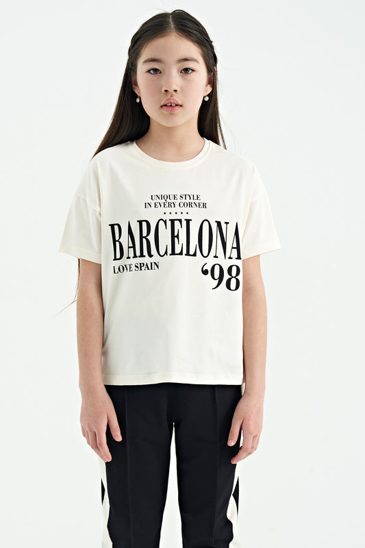Ecru O Collar Printed Low Shoulder Oversize Girls' T-Shirt - 75115
