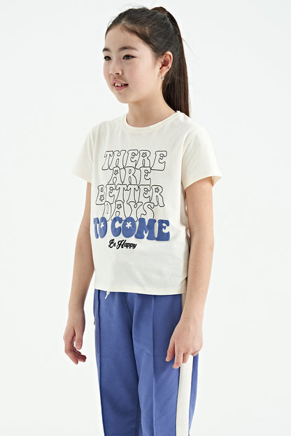 Ecru O Collar Printed Comfort Fit Short Sleeve Cropped Girls T-Shirt - 75118