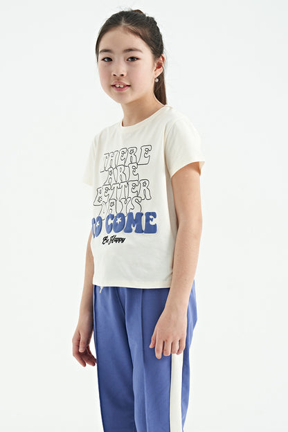 Ecru O Collar Printed Comfort Fit Short Sleeve Cropped Girls T-Shirt - 75118