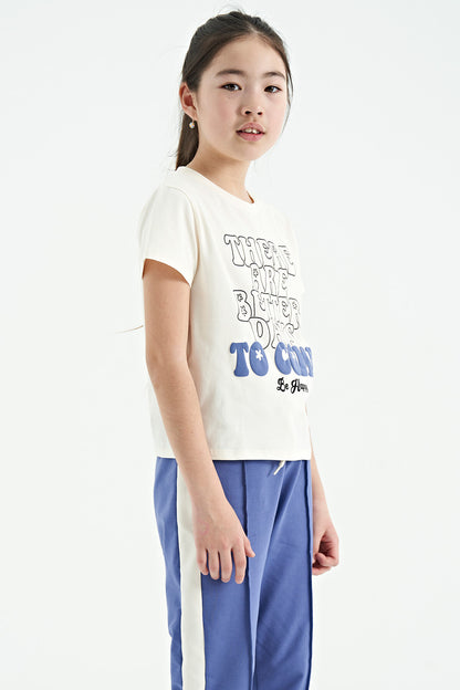 Ecru O Collar Printed Comfort Fit Short Sleeve Cropped Girls T-Shirt - 75118