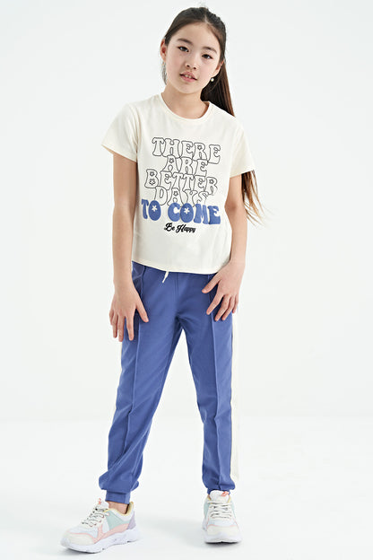 Ecru O Collar Printed Comfort Fit Short Sleeve Cropped Girls T-Shirt - 75118