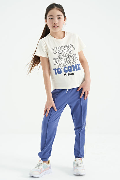 Ecru O Collar Printed Comfort Fit Short Sleeve Cropped Girls T-Shirt - 75118
