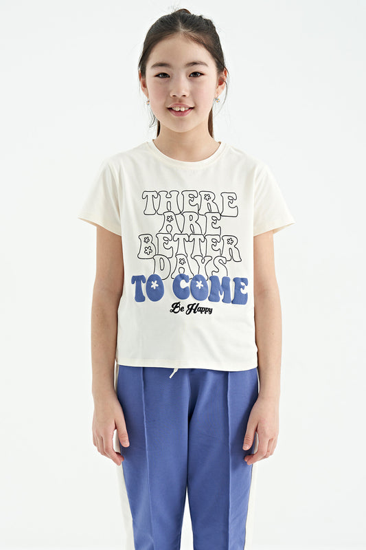 Ecru O Collar Printed Comfort Fit Short Sleeve Cropped Girls T-Shirt - 75118