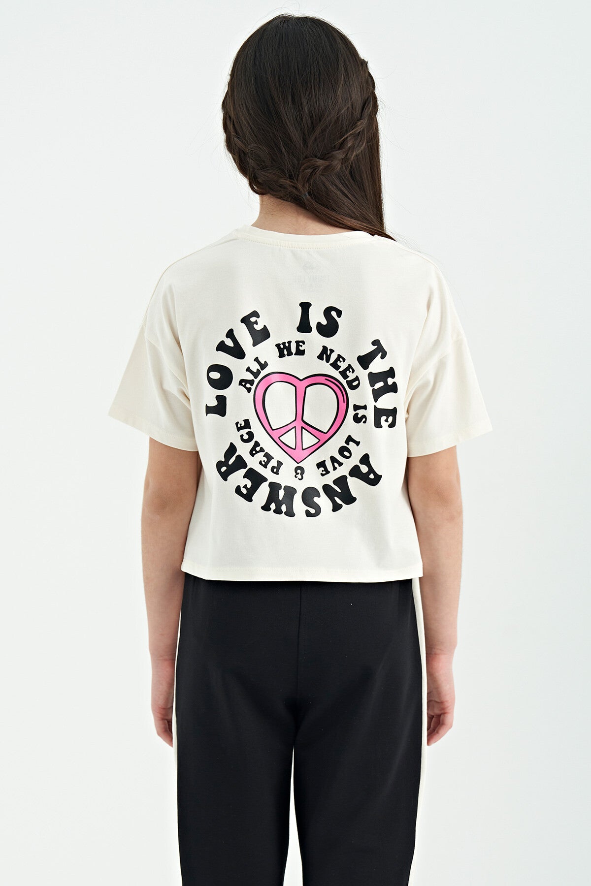 Ecru Front Back Print O Collar Low Shoulder Oversize Short Sleeve Girl's T-Shirt - 75126