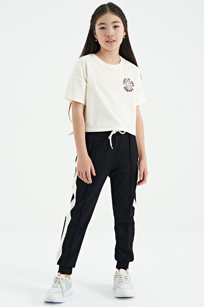 Ecru Front Back Print O Collar Low Shoulder Oversize Short Sleeve Girl's T-Shirt - 75126