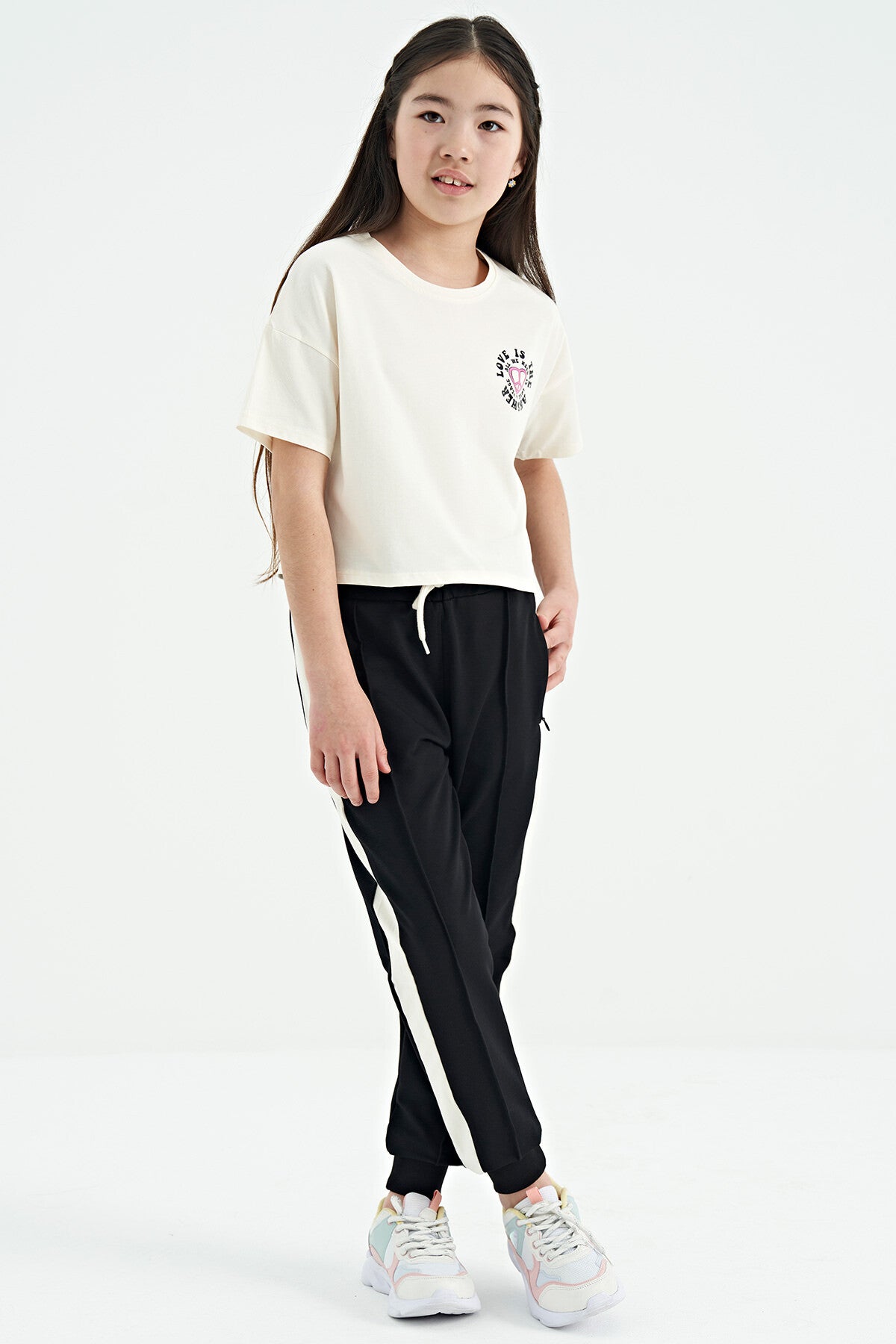 Ecru Front Back Print O Collar Low Shoulder Oversize Short Sleeve Girl's T-Shirt - 75126