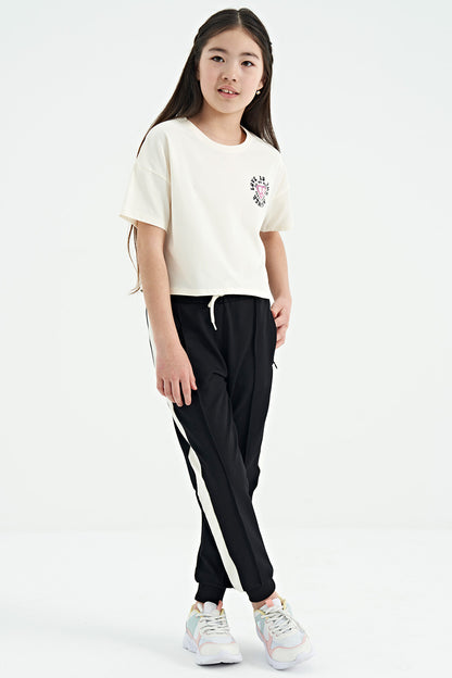 Ecru Front Back Print O Collar Low Shoulder Oversize Short Sleeve Girl's T-Shirt - 75126