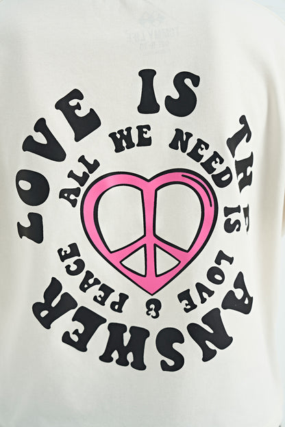 Ecru Front Back Print O Collar Low Shoulder Oversize Short Sleeve Girl's T-Shirt - 75126
