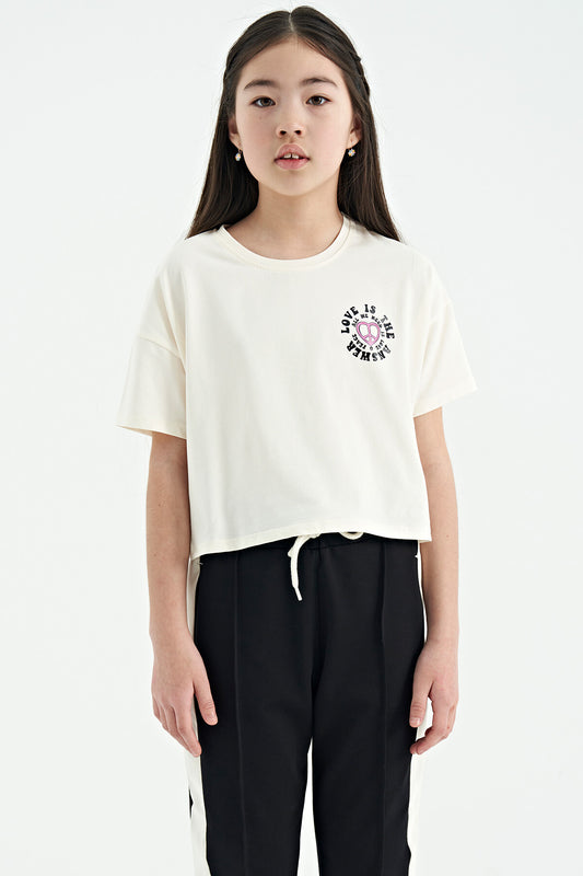 Ecru Front Back Print O Collar Low Shoulder Oversize Short Sleeve Girl's T-Shirt - 75126