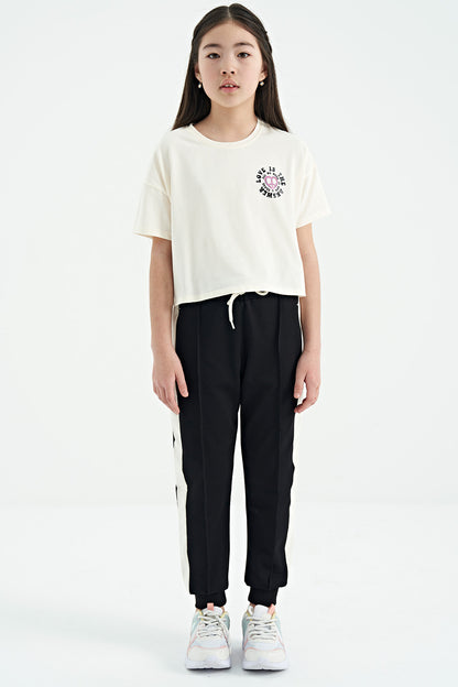 Ecru Front Back Print O Collar Low Shoulder Oversize Short Sleeve Girl's T-Shirt - 75126