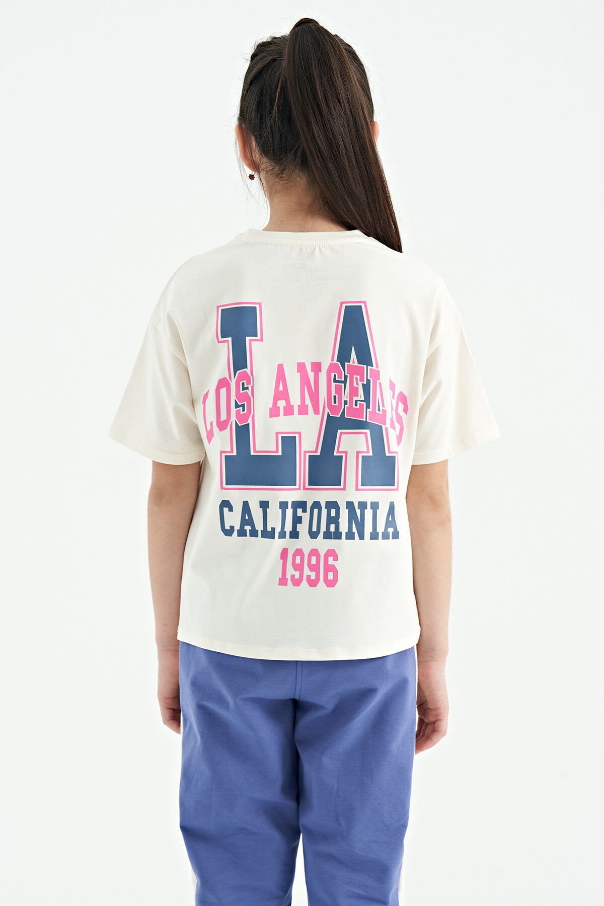 Ecru Front Back Print O Collar Oversize Short Sleeve Girls' T-Shirt - 75127