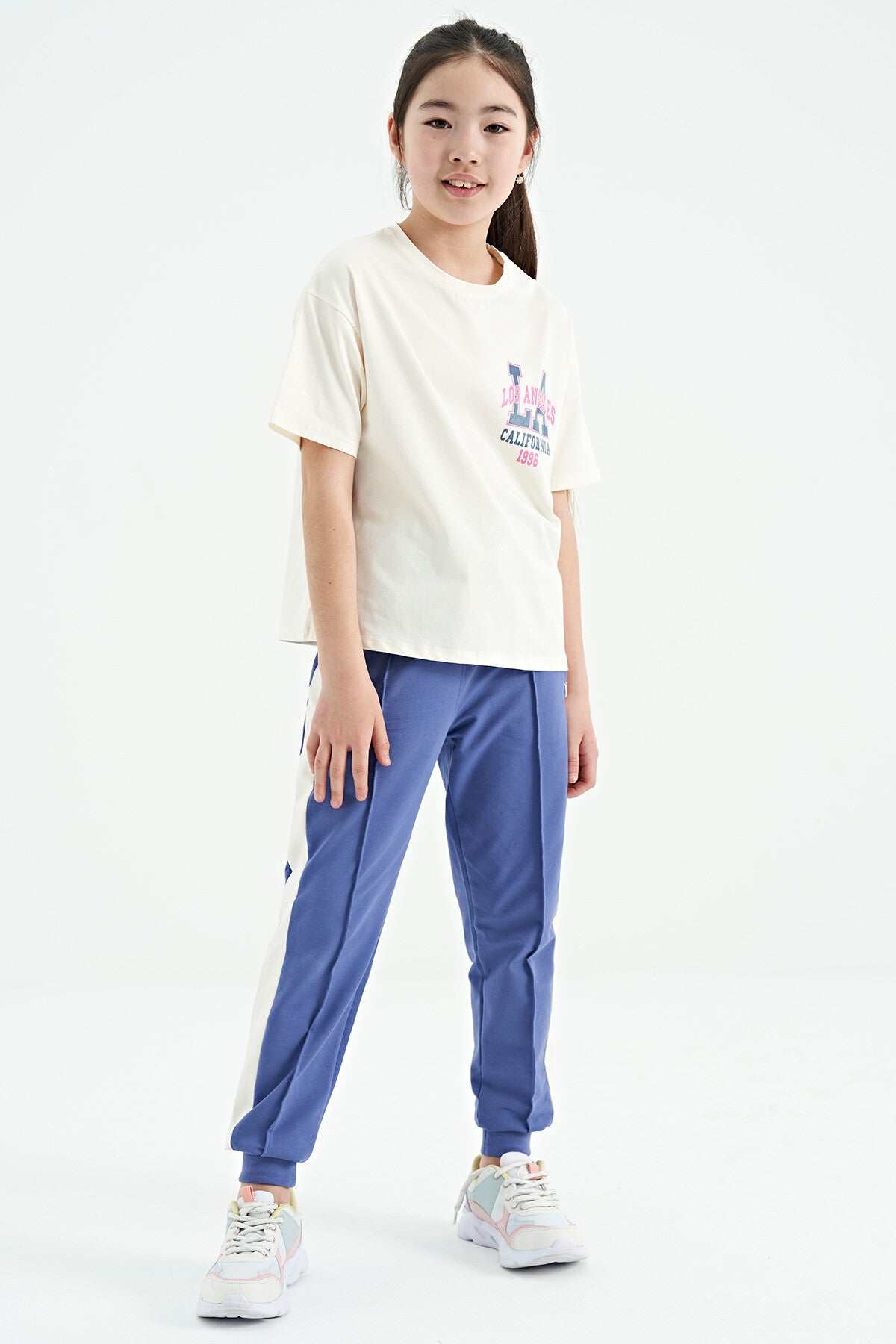 Ecru Front Back Print O Collar Oversize Short Sleeve Girls' T-Shirt - 75127