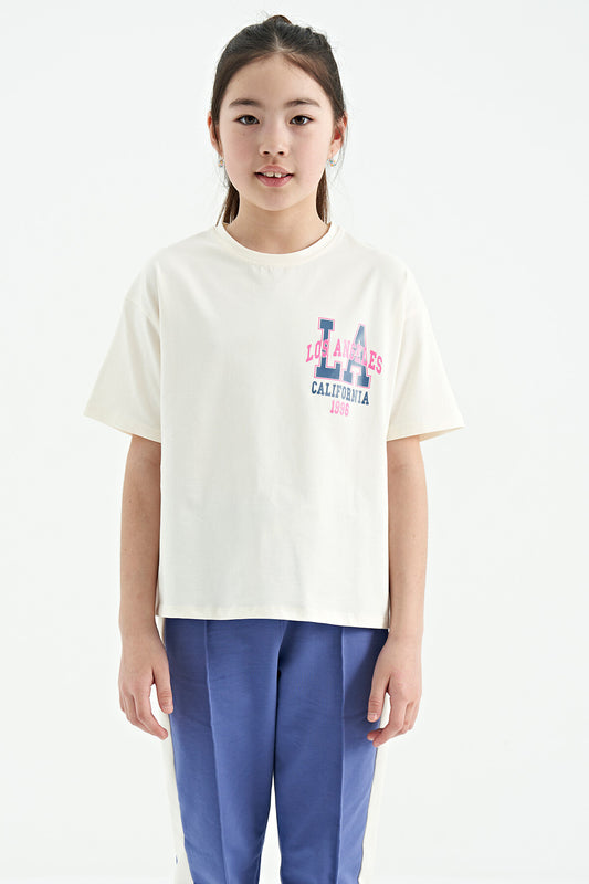 Ecru Front Back Print O Collar Oversize Short Sleeve Girls' T-Shirt - 75127