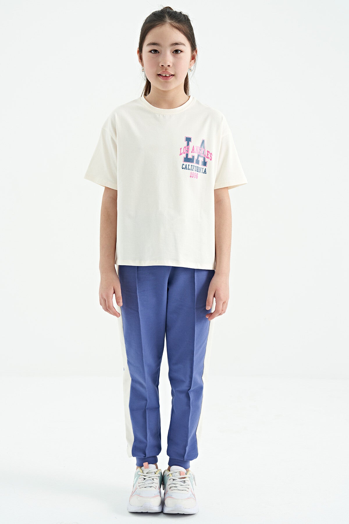 Ecru Front Back Print O Collar Oversize Short Sleeve Girls' T-Shirt - 75127