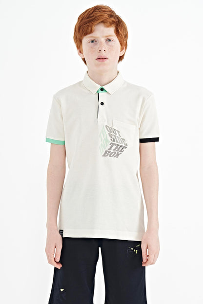 Ecru Front Detailed Printed Standard Fit Polo Collar Boys' T-Shirt - 11102