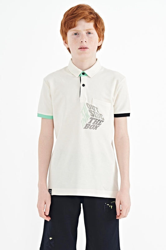 Ecru Front Detailed Printed Standard Fit Polo Collar Boys' T-Shirt - 11102