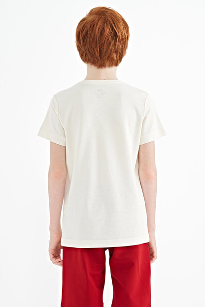 Beige Front Embroidered O Collar Standard Fit Boys' T-Shirt - 11118