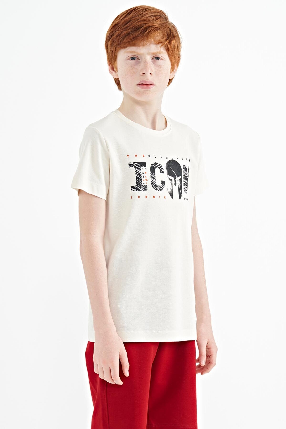 Beige Front Embroidered O Collar Standard Fit Boys' T-Shirt - 11118
