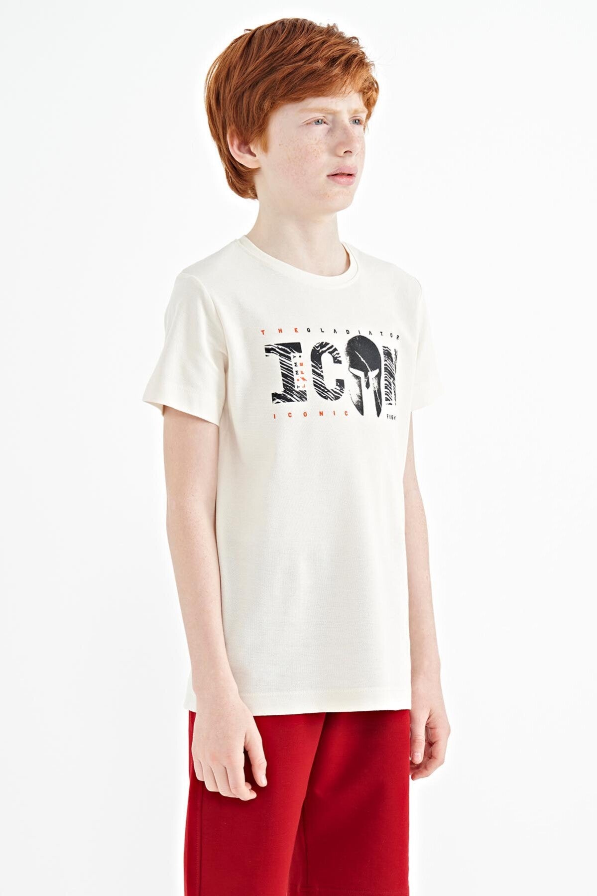 Beige Front Embroidered O Collar Standard Fit Boys' T-Shirt - 11118