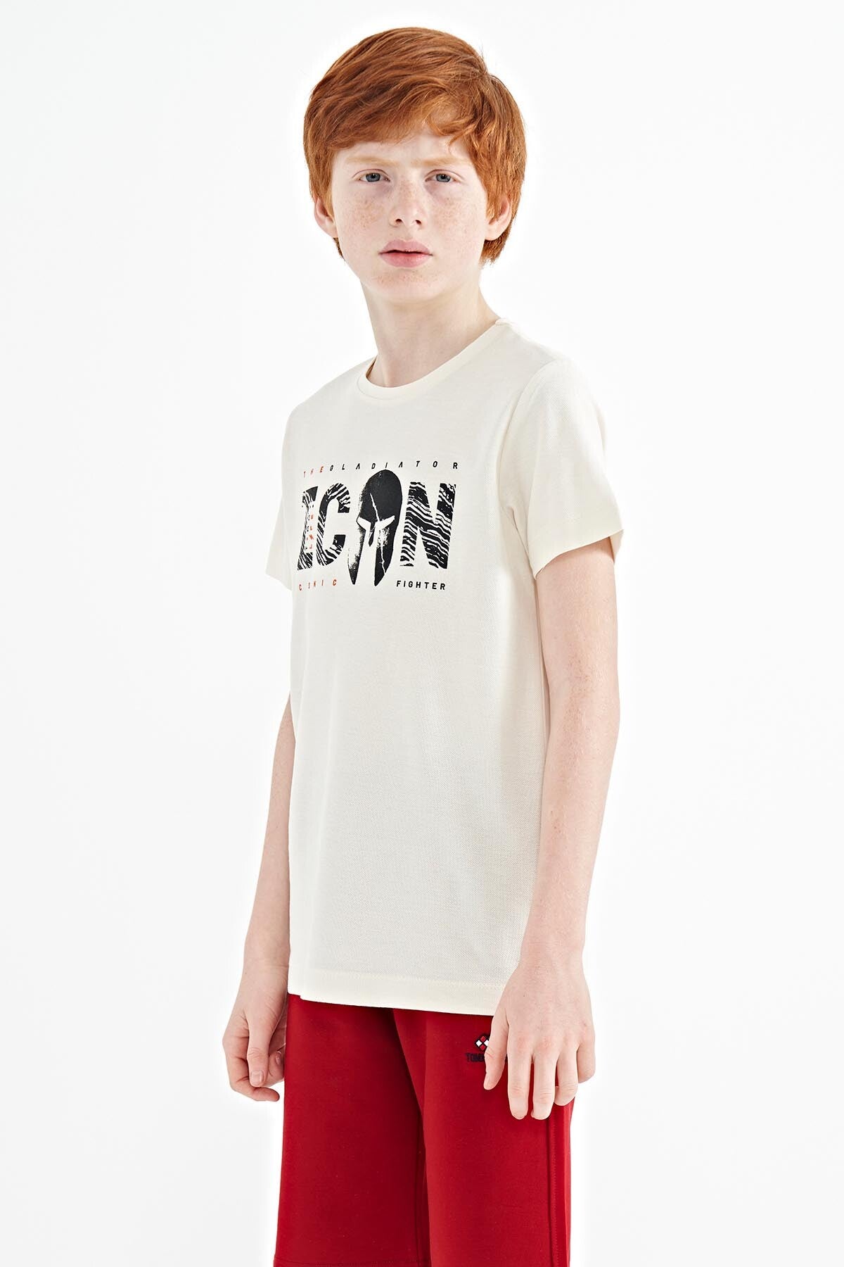 Beige Front Embroidered O Collar Standard Fit Boys' T-Shirt - 11118