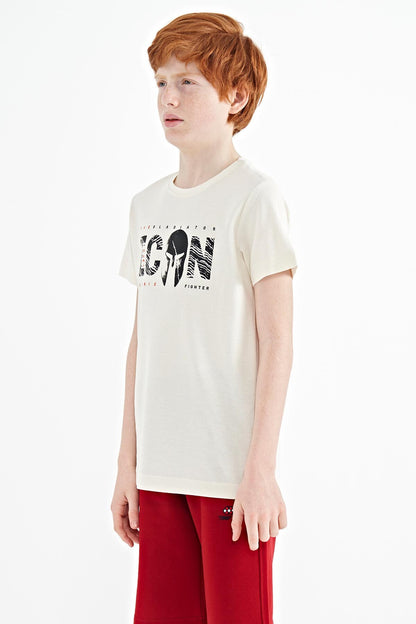 Beige Front Embroidered O Collar Standard Fit Boys' T-Shirt - 11118