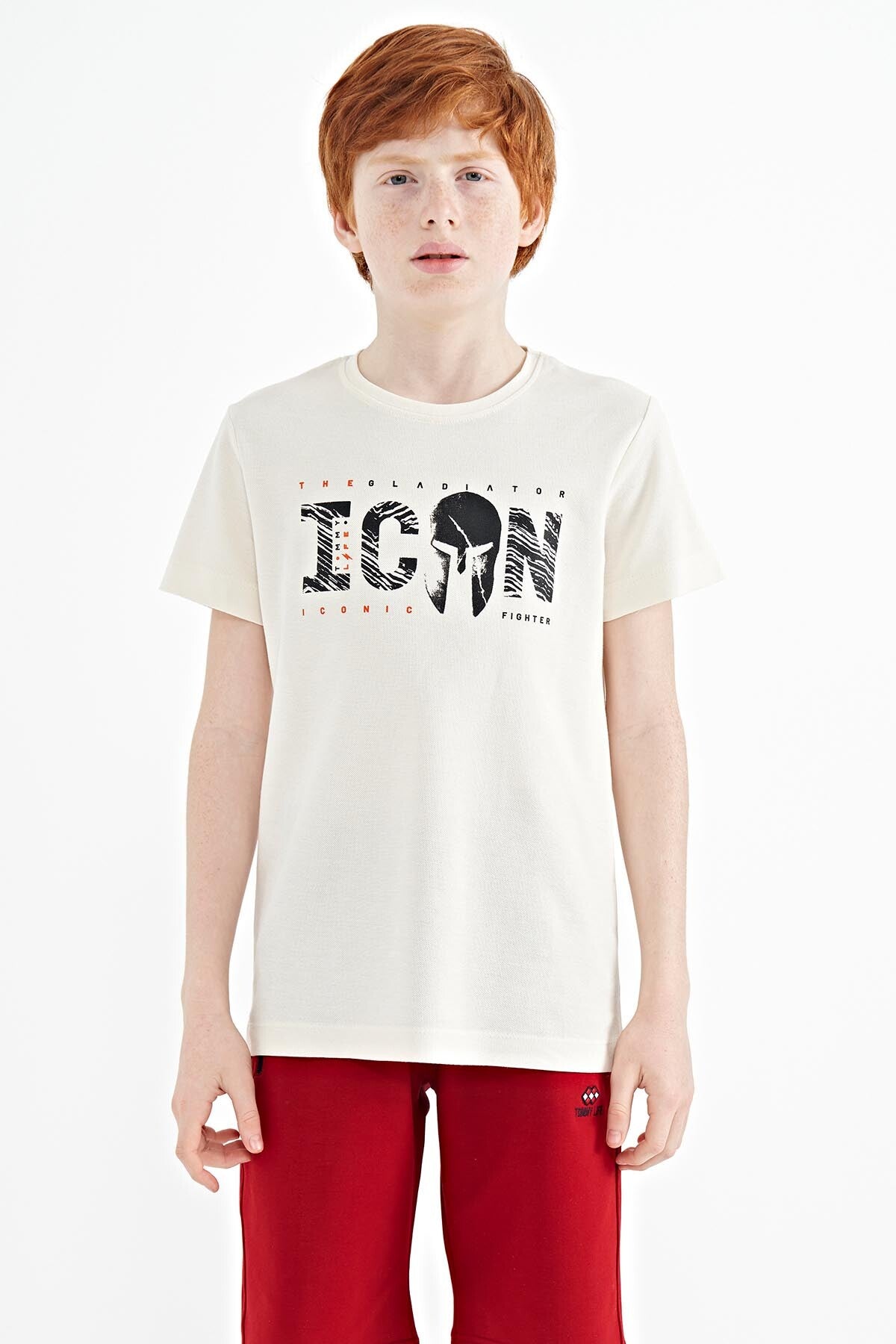 Beige Front Embroidered O Collar Standard Fit Boys' T-Shirt - 11118