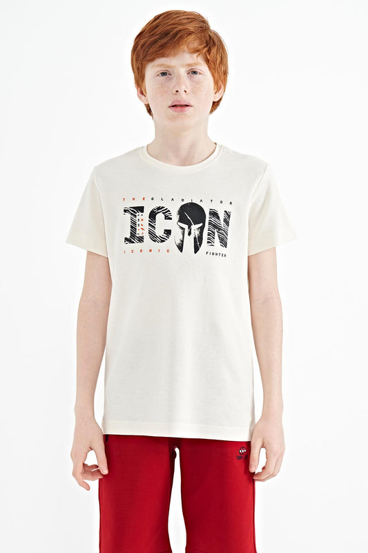 Beige Front Embroidered O Collar Standard Fit Boys' T-Shirt - 11118