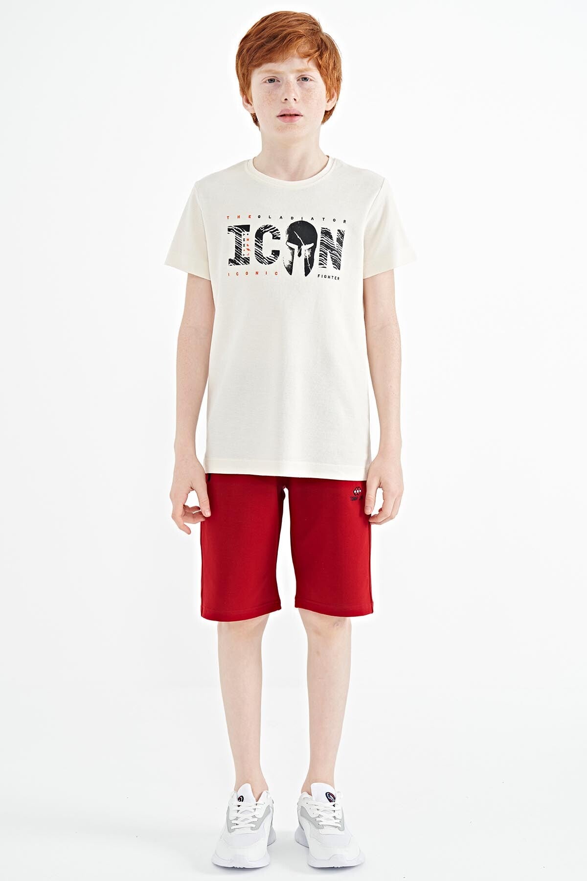 Beige Front Embroidered O Collar Standard Fit Boys' T-Shirt - 11118
