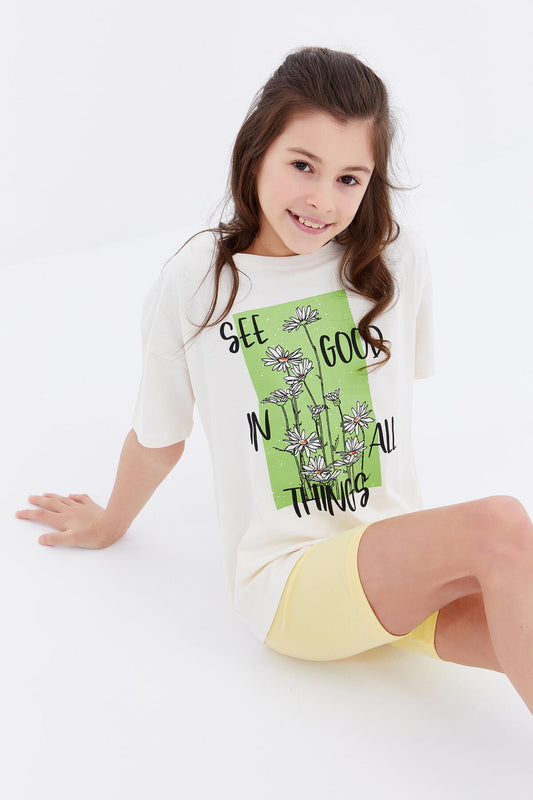 Oversize Print Lettering O Collar Drop Shoulder Girl's T-Shirt - 75032