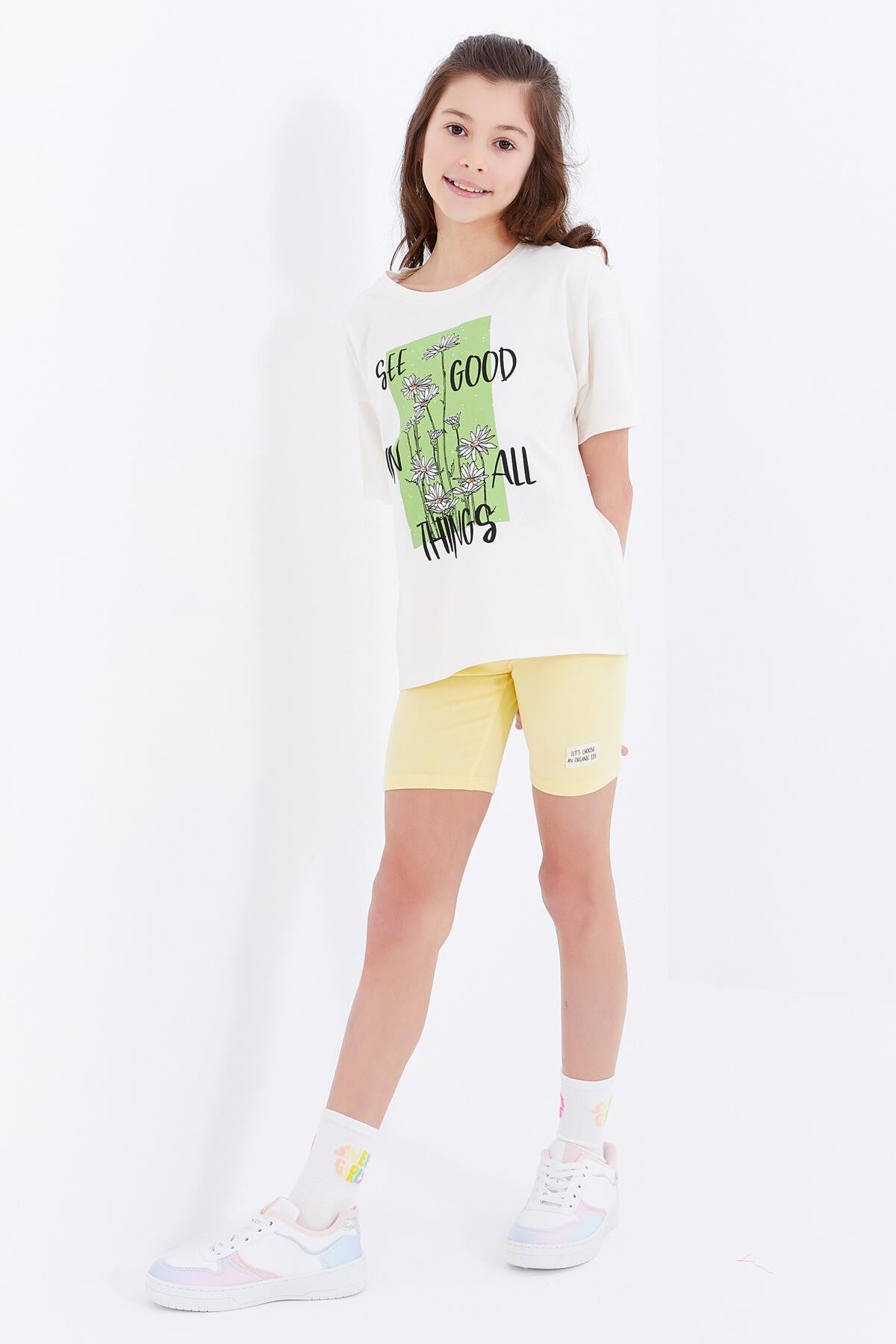 Oversize Print Lettering O Collar Drop Shoulder Girl's T-Shirt - 75032