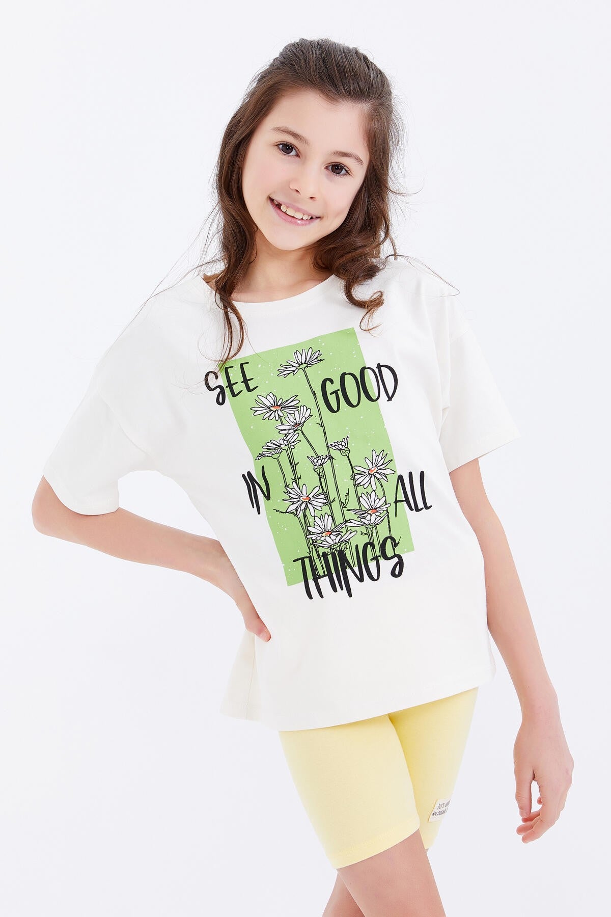 Oversize Print Lettering O Collar Drop Shoulder Girl's T-Shirt - 75032