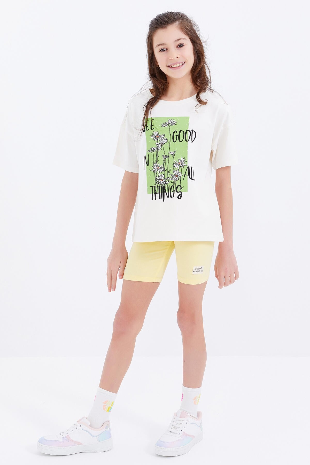 Oversize Print Lettering O Collar Drop Shoulder Girl's T-Shirt - 75032