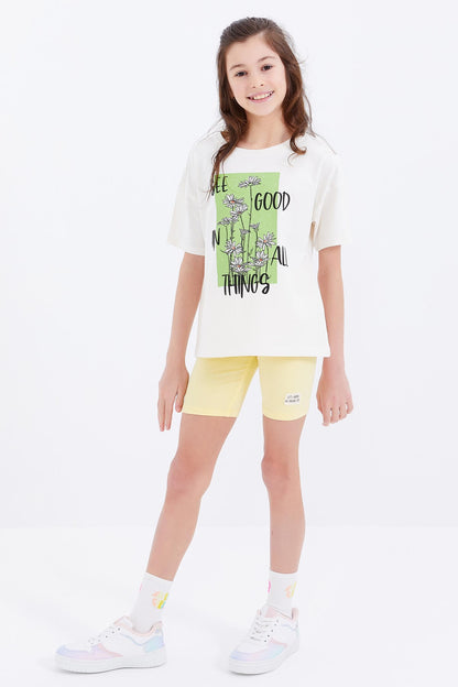 Oversize Print Lettering O Collar Drop Shoulder Girl's T-Shirt - 75032