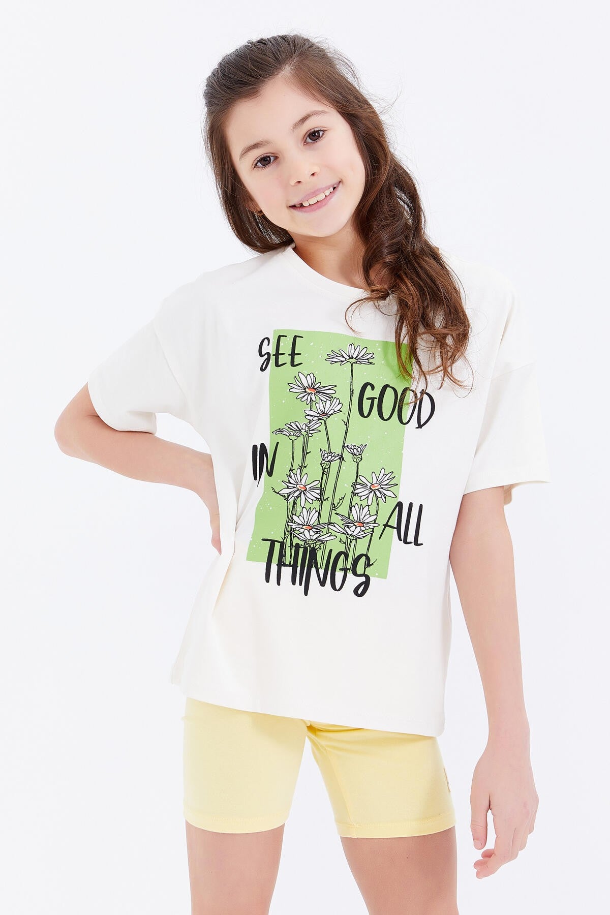 Oversize Print Lettering O Collar Drop Shoulder Girl's T-Shirt - 75032