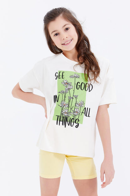 Oversize Print Lettering O Collar Drop Shoulder Girl's T-Shirt - 75032