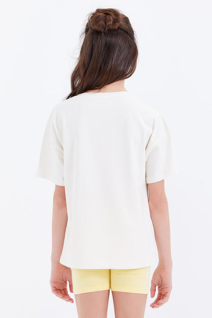 Oversize Print Lettering O Collar Drop Shoulder Girl's T-Shirt - 75032