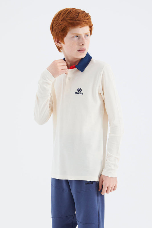 Ecru Polo Collar Basic Boys' T-Shirt - 11171
