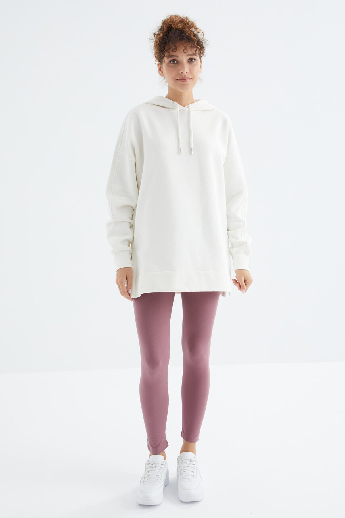 Raglan Collar Basic Hooded Oversize Sweatshirt Tunic - 97242