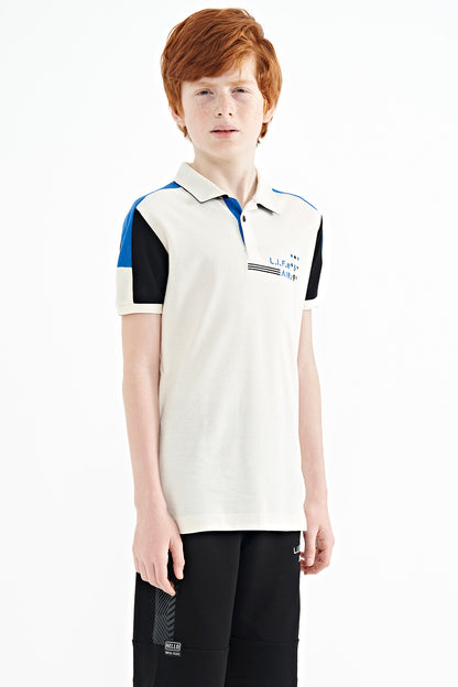 Beige Color Block Shoulder Trim Detailed Standard Fit Boys T-Shirt - 11155