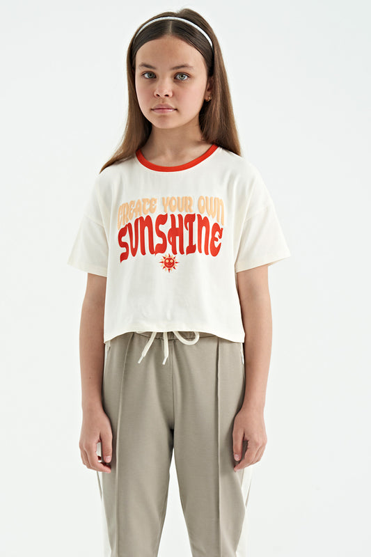 Ecru Color Printed O Collar Oversize Short Sleeve Girls' T-Shirt - 75111