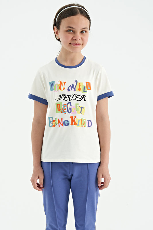 Beige Color Detailed O Collar Comfort Fit Girls T-Shirt - 75109