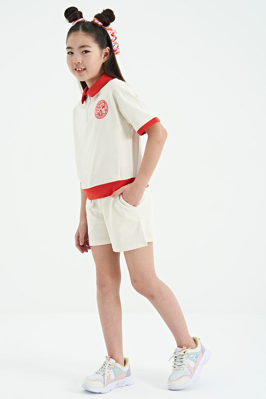 Ecru Collared Short Sleeve Comfortable Fit Girls' Shorts Set - 75131