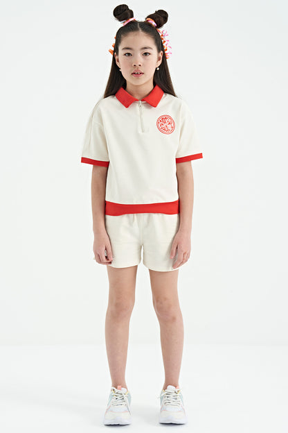 Ecru Collared Short Sleeve Comfortable Fit Girls' Shorts Set - 75131