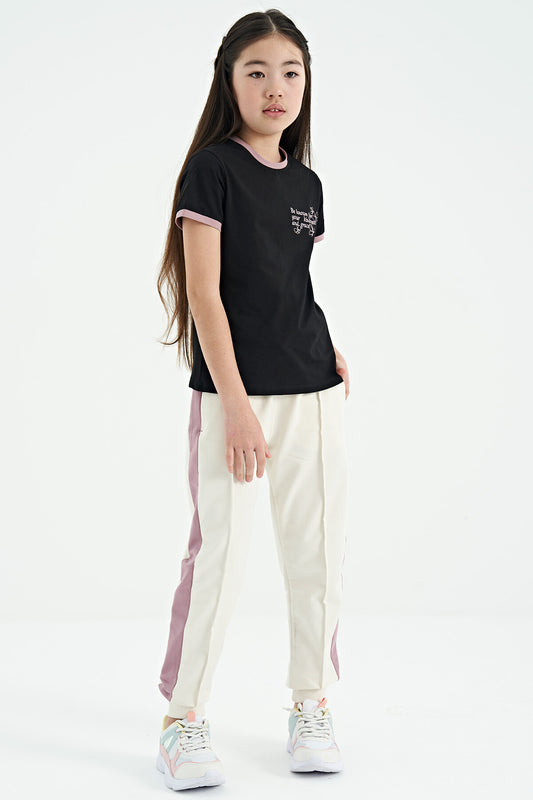 Ecru Beige Striped Hidden Zipper Pocket Detailed Jogger Girls Tracksuit Bottom - 75122