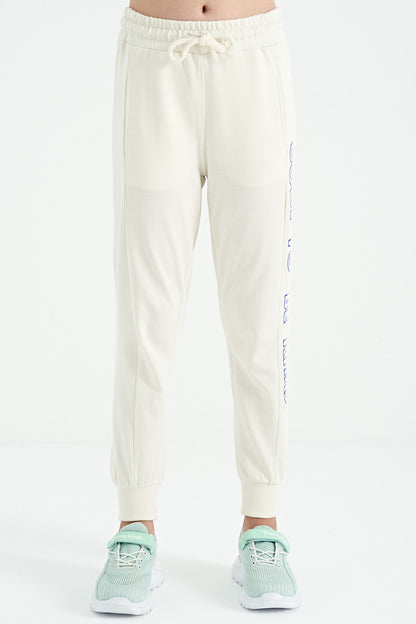 Ecru Off-White Embroidered Laced Standard Fit Jogger Girls' Tracksuit Bottom - 75123