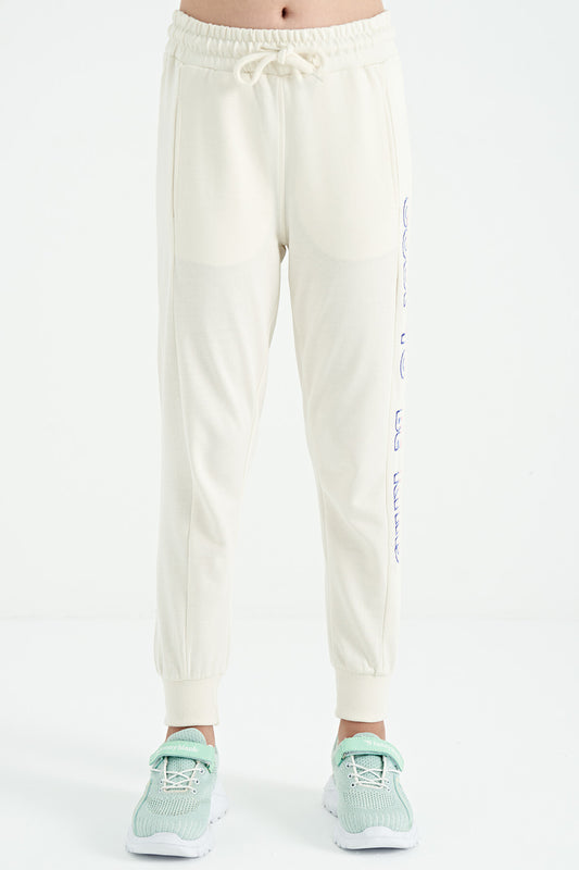 Ecru Off-White Embroidered Laced Standard Fit Jogger Girls' Tracksuit Bottom - 75123