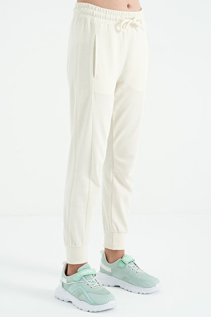 Ecru Off-White Embroidered Laced Standard Fit Jogger Girls' Tracksuit Bottom - 75123