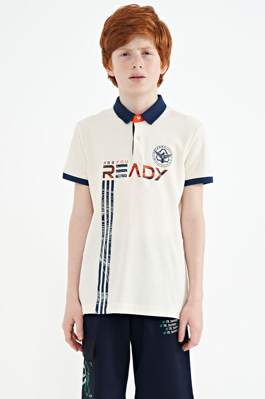 Ecru Print Pattern Standard Fit Polo Collar Boys T-Shirt - 11143