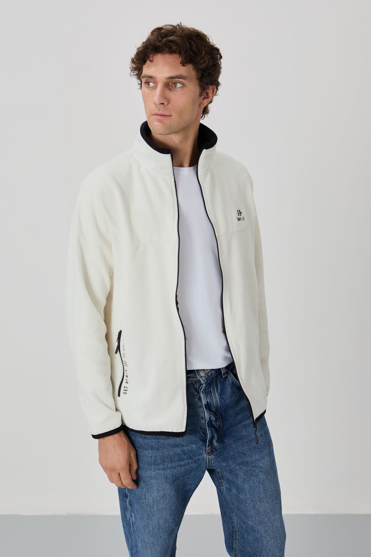 Ecru Embroidered High Collar Zippered Standard Fit Men's Sweatshirt Fleece - 87992